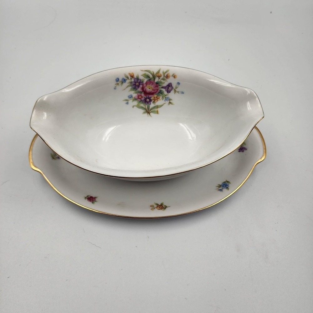 Vintage Dresdenia by Sango Floral with Golden Trim Gravy Boat‎ attached Plate